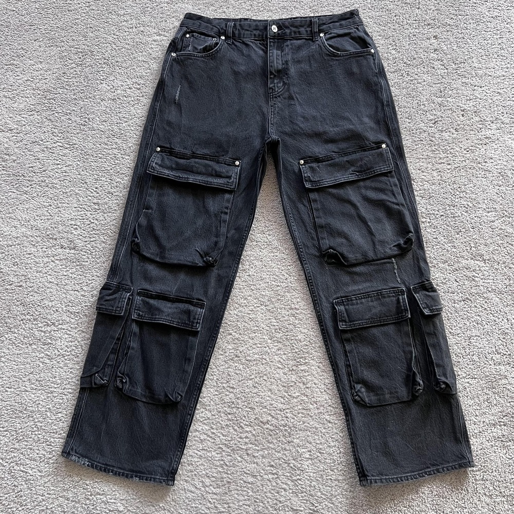 Represent R3CA Cargo Denim Jeans Mens 33x30 Black Charcoal Relaxed Fit MLM601
